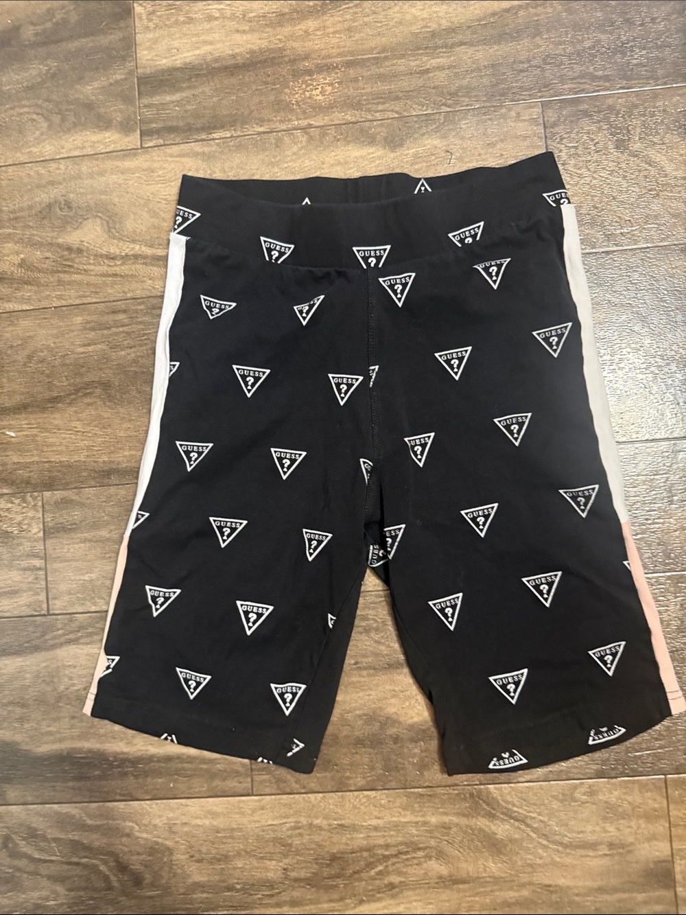 Guess Black Logo Bike Shorts with White and Pink Side Stripes